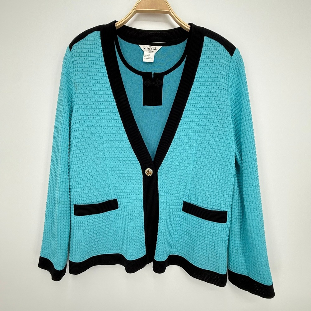 Misook‎ 2pc Knit Cardigan Shell Set Womens Large Petite Turquoise Blue Excellent